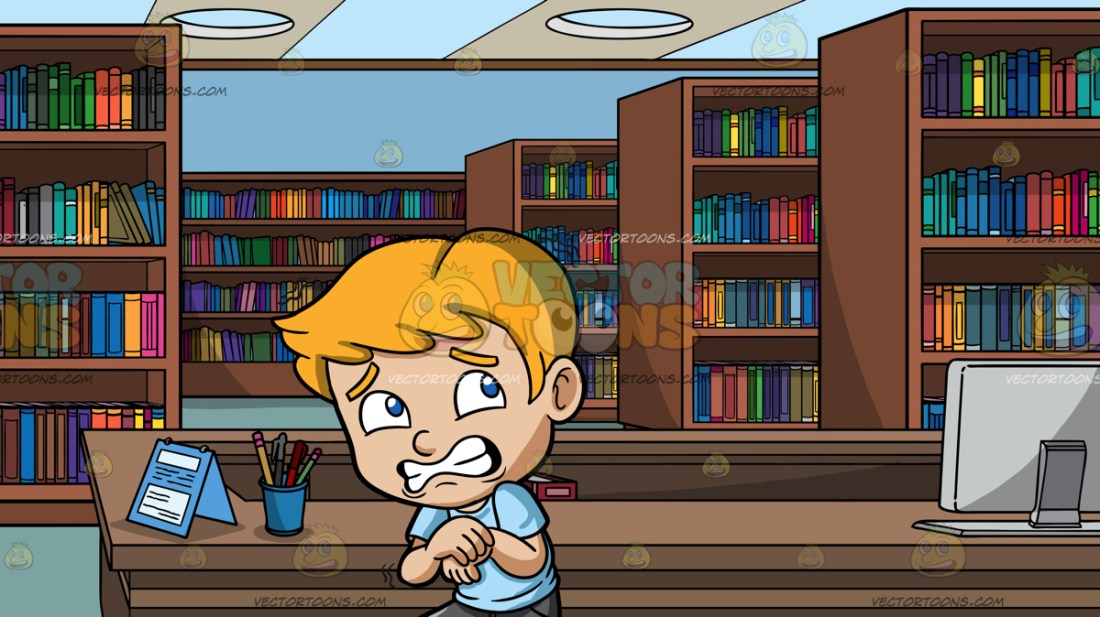 A Terrified Young Boy at Library Information Desk